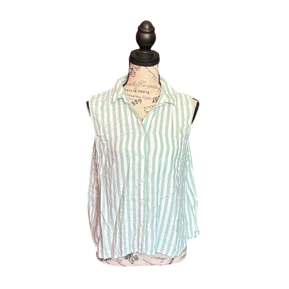 Beachlunchlounge Womens Large Mint Green Striped Sleeveless Button Down Shirt